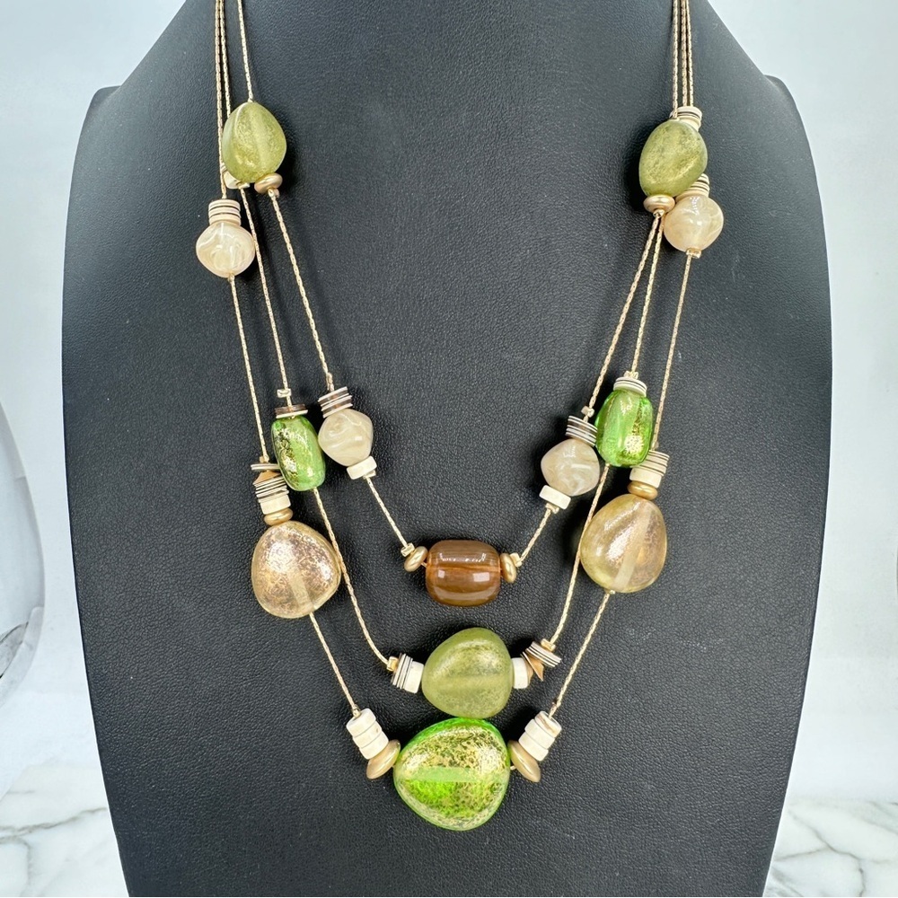 Chico”s Multi-Layer Necklace Spring Green and Gold Metallic Beads Adjustable